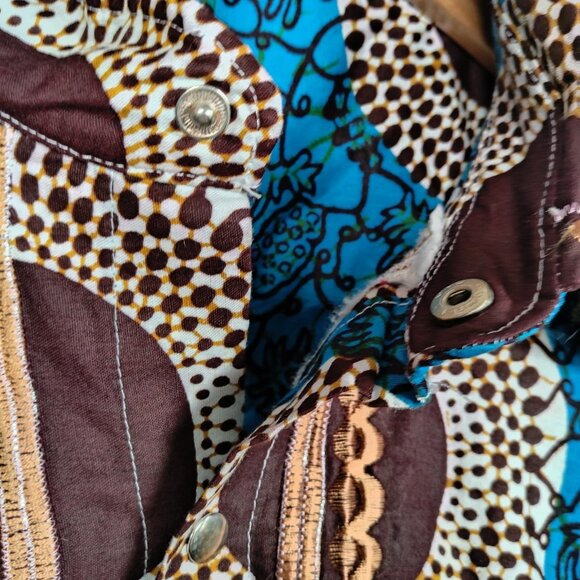 Handmade African Print Shirt Men XL Blue Tribal Mandala Fruit Snap Embroidered - Picture 14 of 16